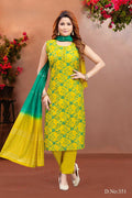 Women lemon round neck embroidered soft silk kurta set