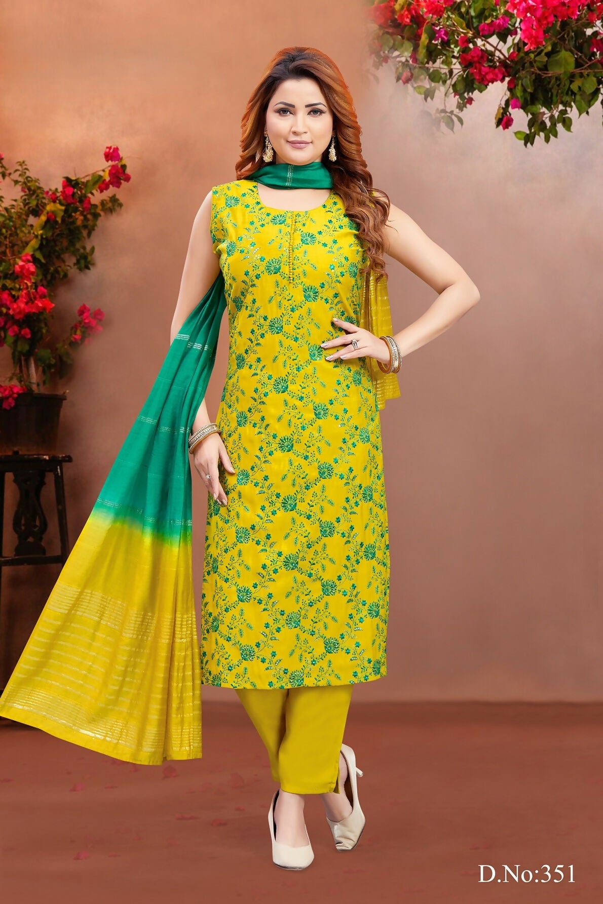 Women lemon round neck embroidered soft silk kurta set