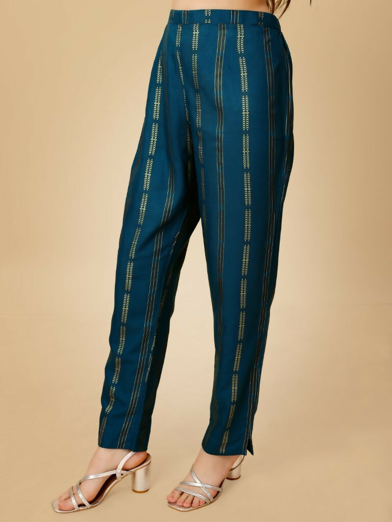 Women's Navy Blue Embroidered Straight Kurta Pant Set