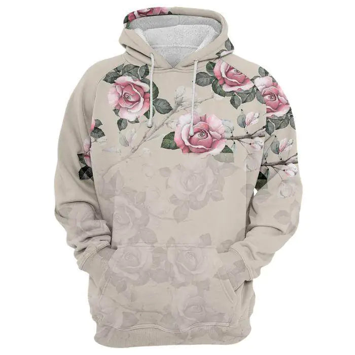 Women Floral Print Hooded Sweater Beige Long Sleeve Pullover - Image 2