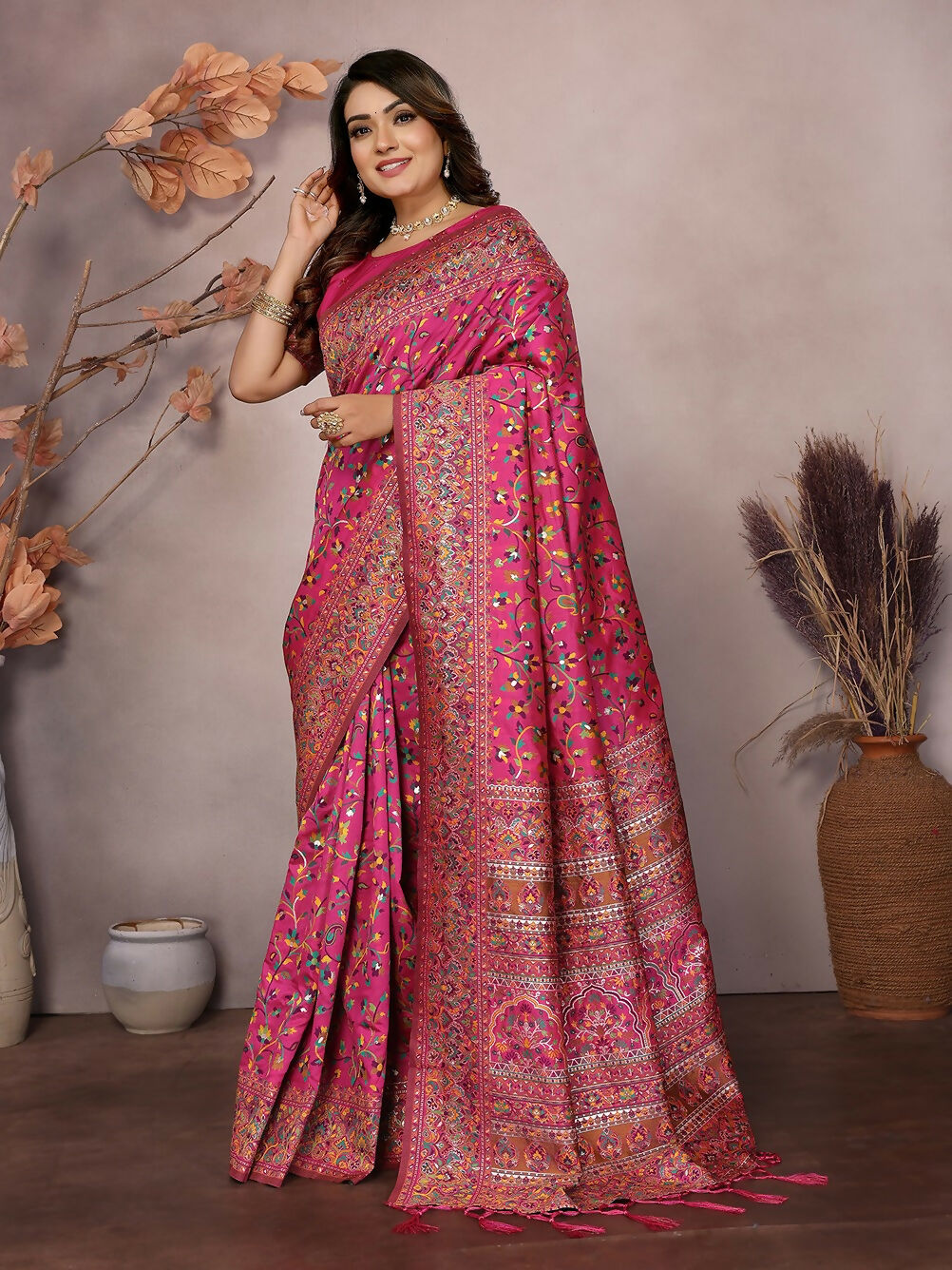 Rani Pink Meena Weaves Silk Blend Pashmina Saree with Blouse