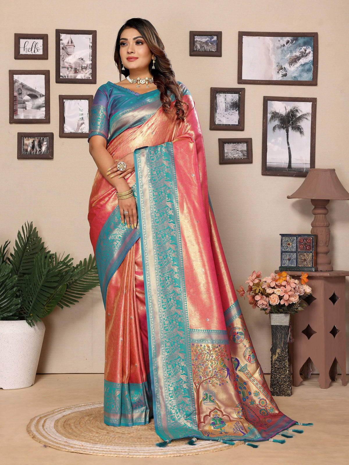Elegant Pink Tissue Silk saree with intricate woven details
