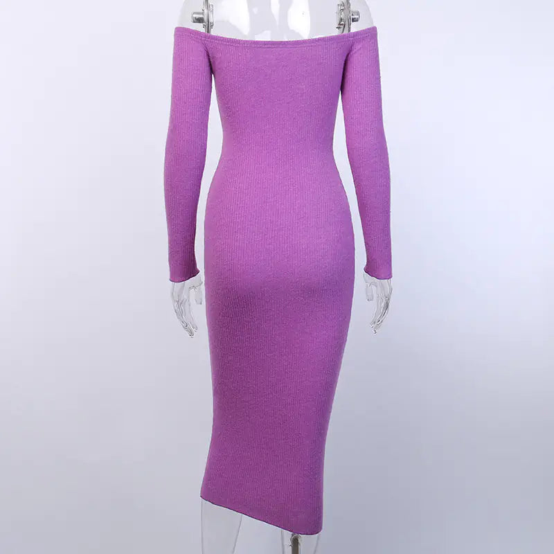 Women's Ribbed Off-Shoulder Long Sleeve Bodycon Midi Dress - Image 3