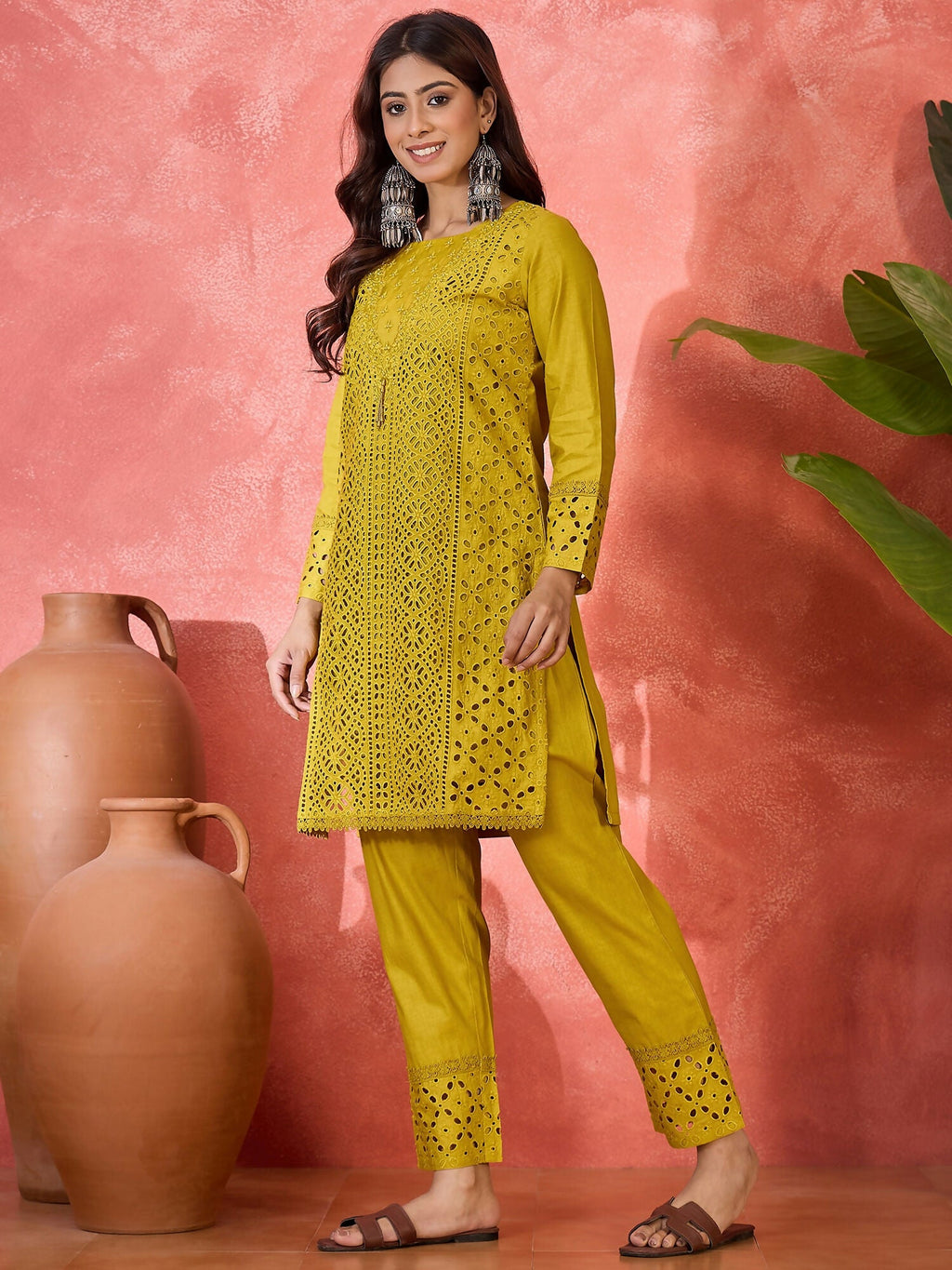 Mustard Embroidered Pure Cotton Cord Set - Contemporary Style
