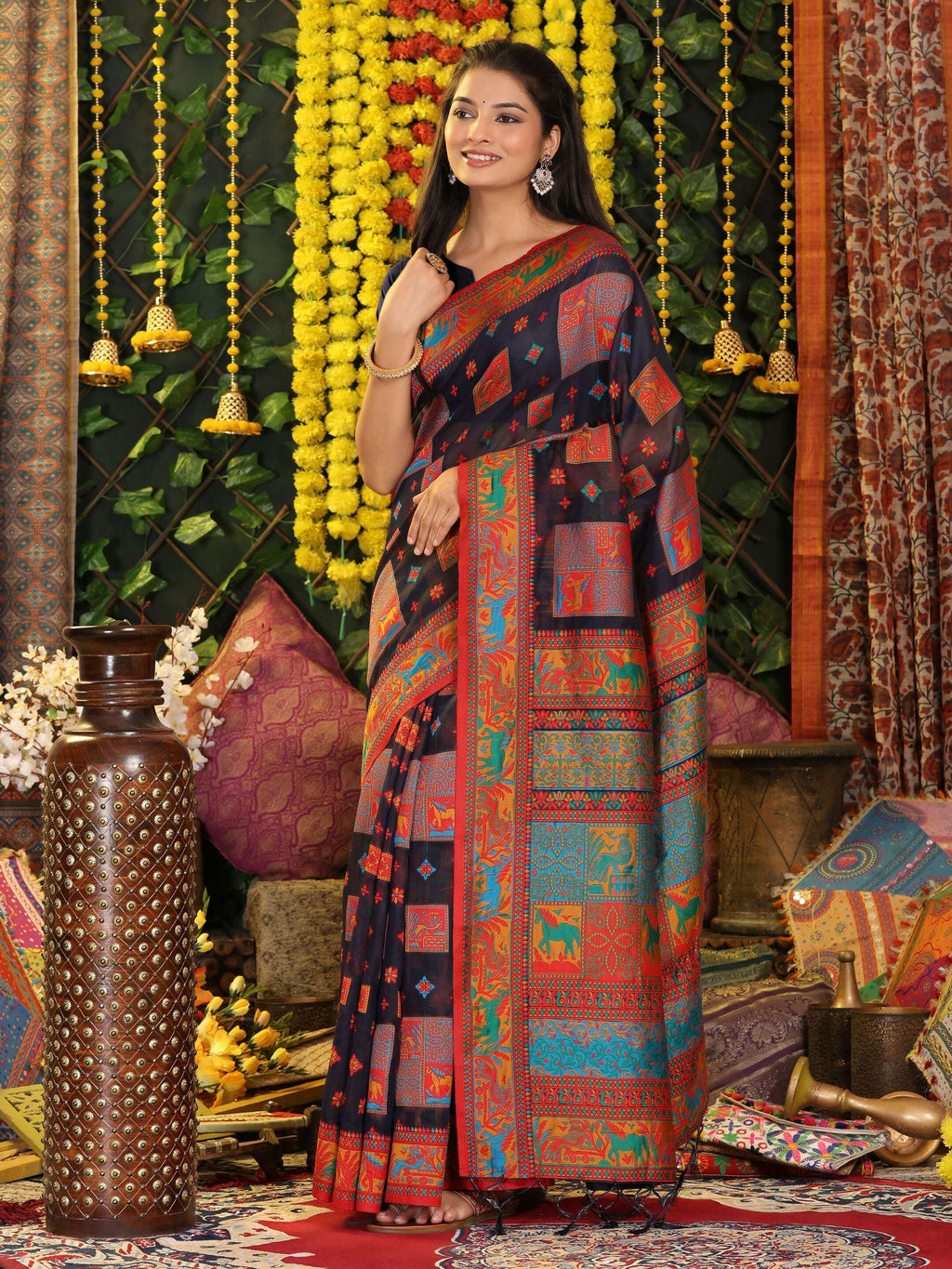 Navy Blue Linen Cotton Saree with Matching Blouse Piece
