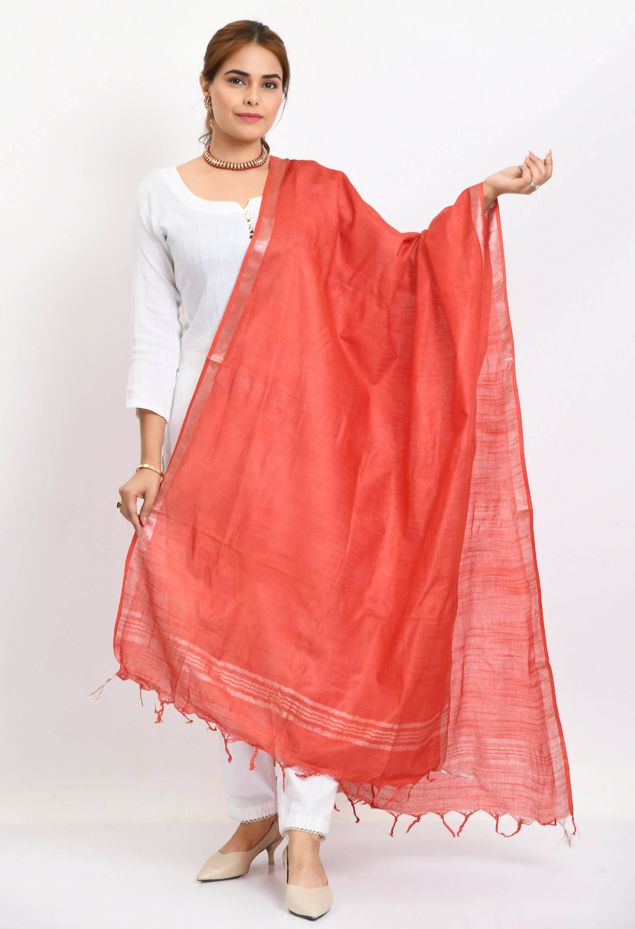 Vibrant Red linen cotton dupatta with silver border