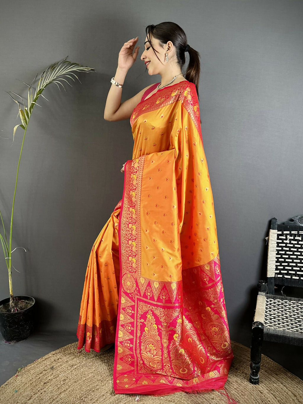 Orange Soft Silk Banarasi Saree with Intricate Motifs