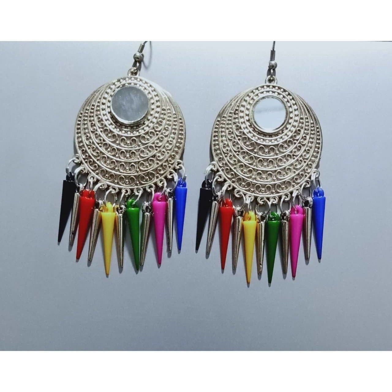 Multicolor long drop tassel earrings with silver oxidized finish and mirror details.