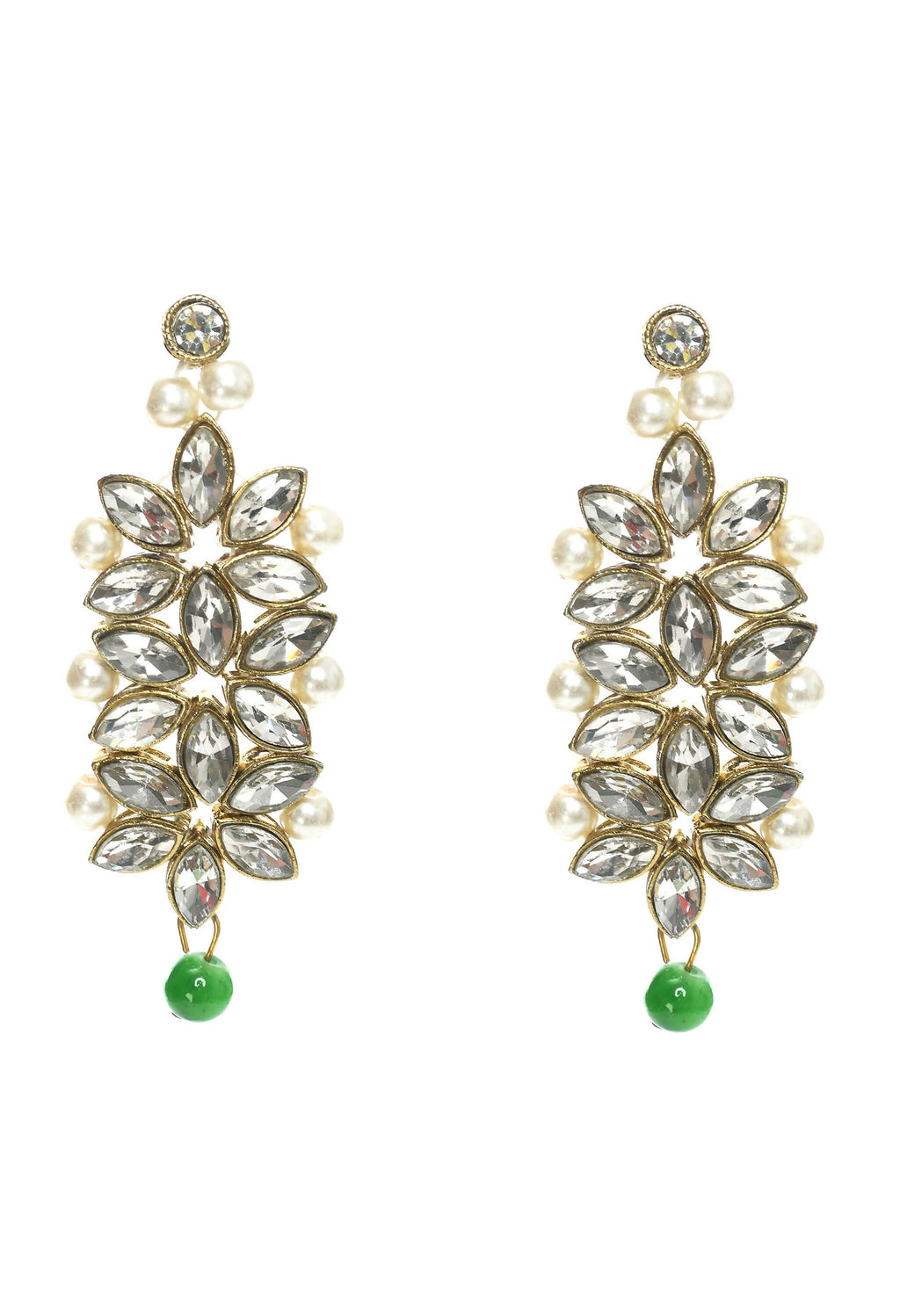 Johar Kamal Gold-Polished Rani Haar Necklace with Green & Off-White Pearls