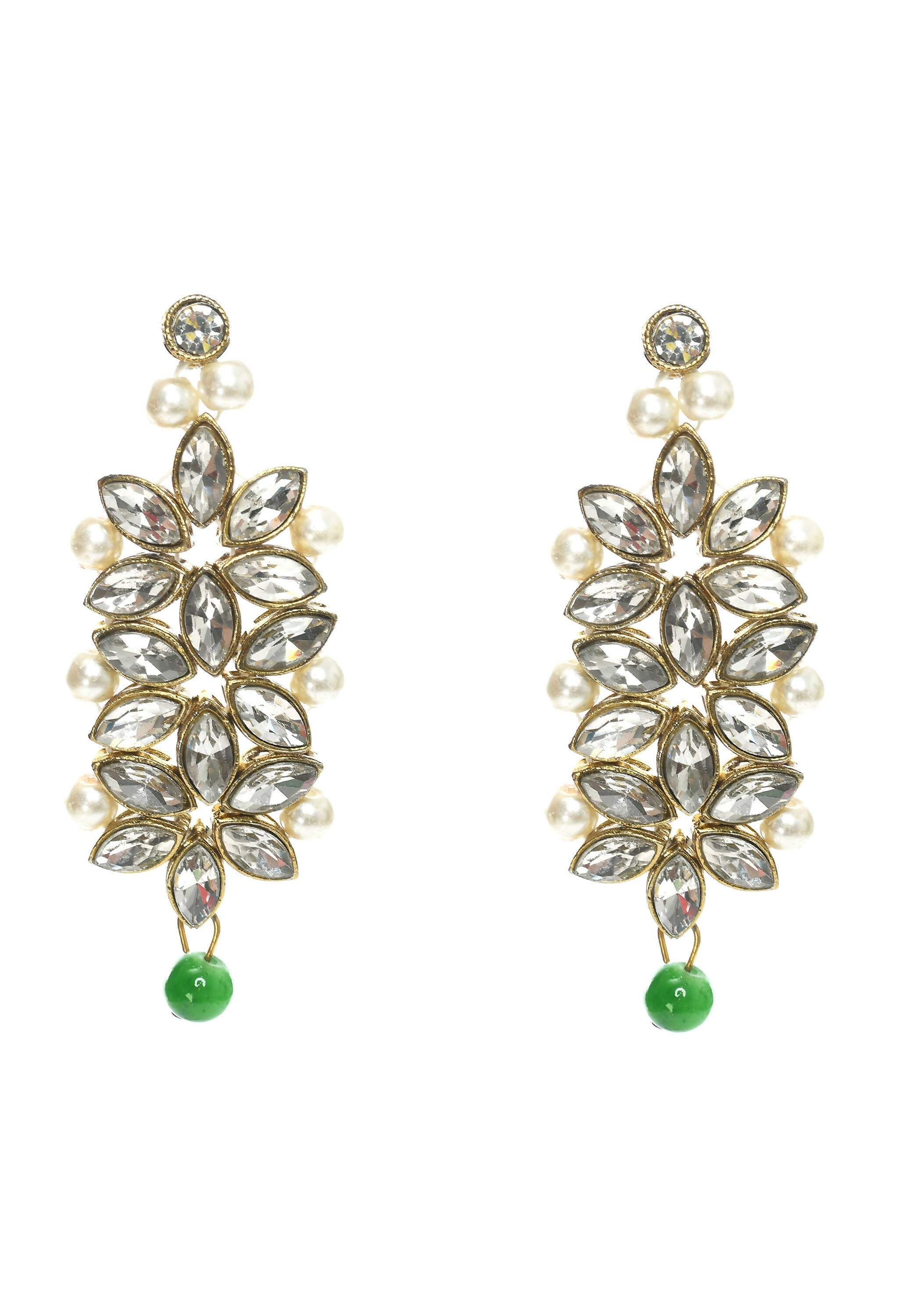 Johar Kamal Gold-Polished Rani Haar Necklace with Green & Off-White Pearls