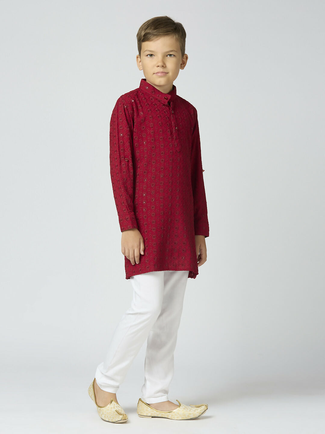 Boys Maroon Cotton Kurta and Pyjama Set with Elegant Sequin Work