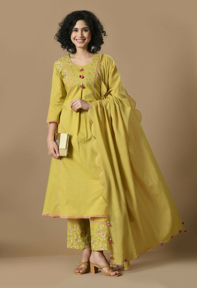 Mehendi Cotton Kurta Set with Organza Dupatta - 3-Piece Set