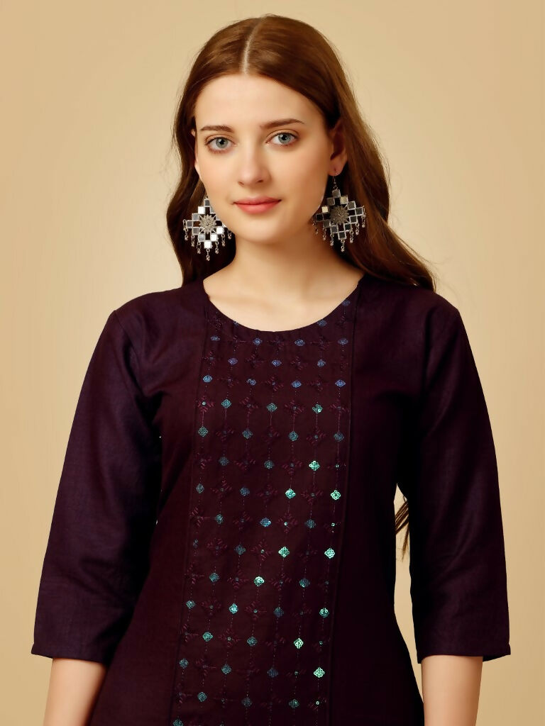 Women's Wine Cotton Blend Embroidered Kurta and Pant Set