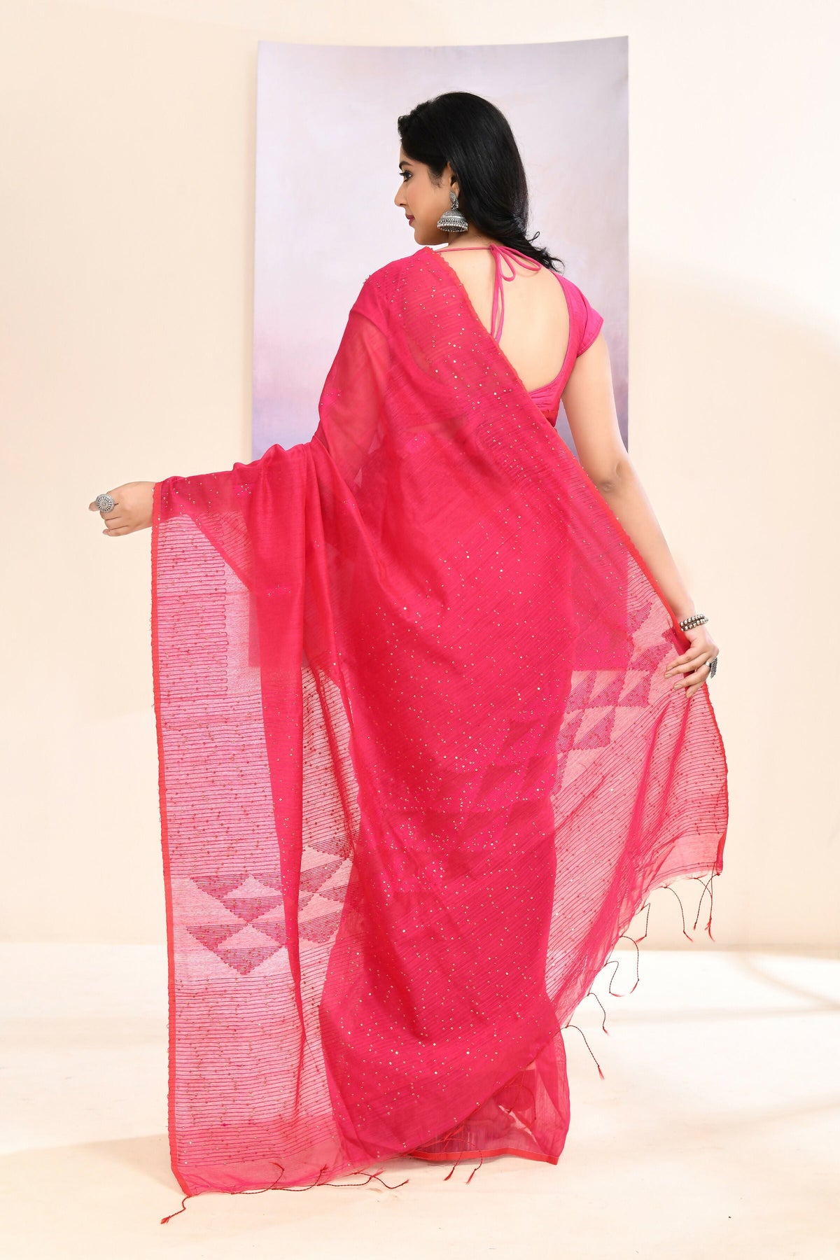 Pink Jamdani Cotton Blend Saree with Self Sequins
