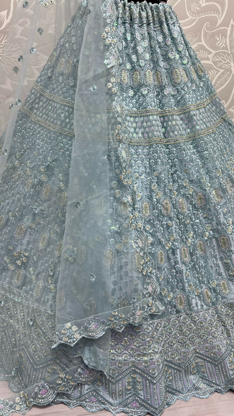 Aqua Heavy Net Embroidered Wedding Lehenga Choli with Sequins
