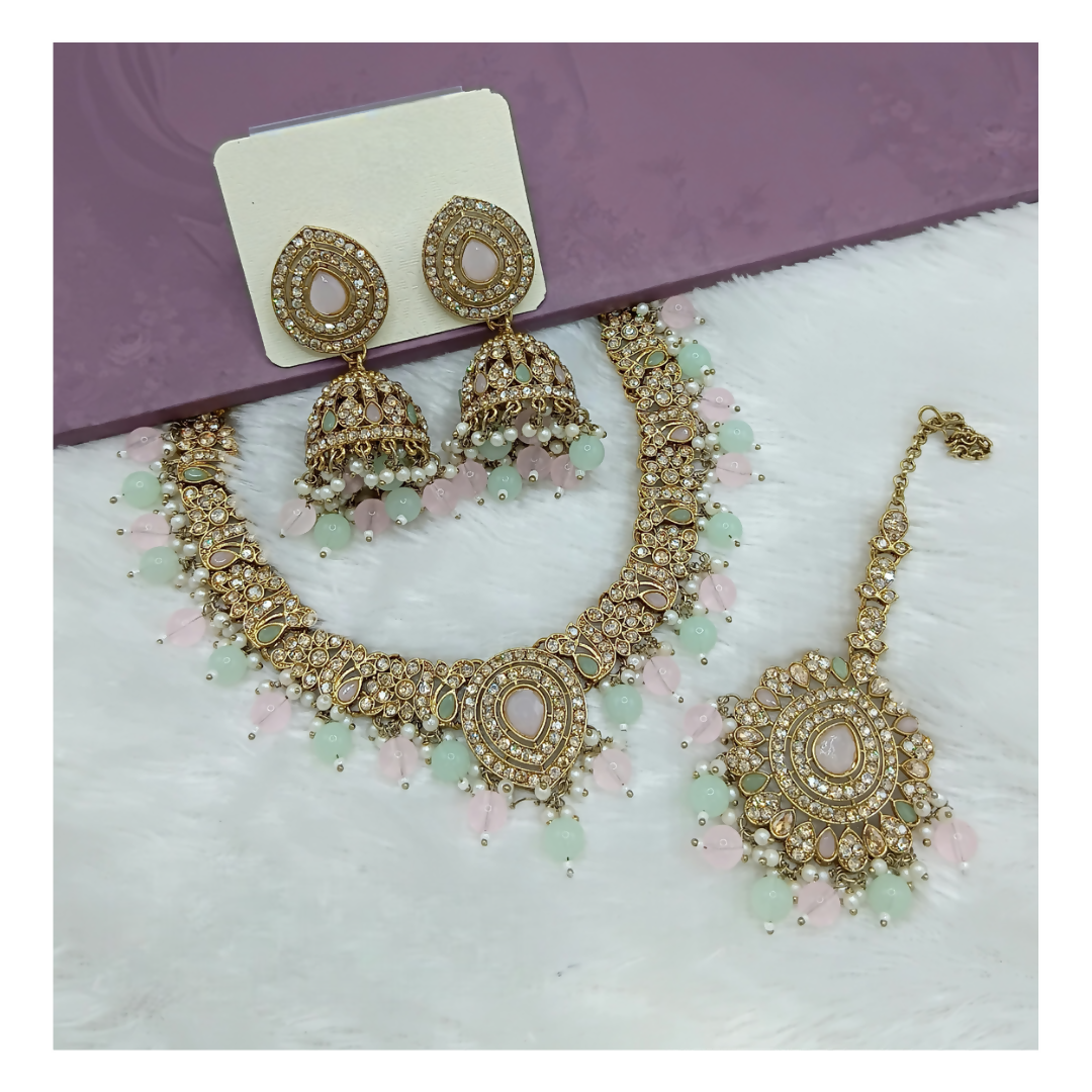 L.Pink and sea green stone necklace set with matching earring pair