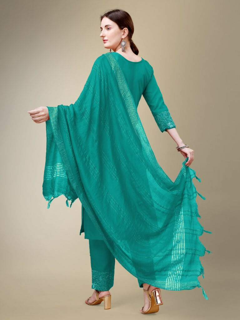 Women's Rama Cotton Blend Embroidered Straight Kurta Set with Dupatta