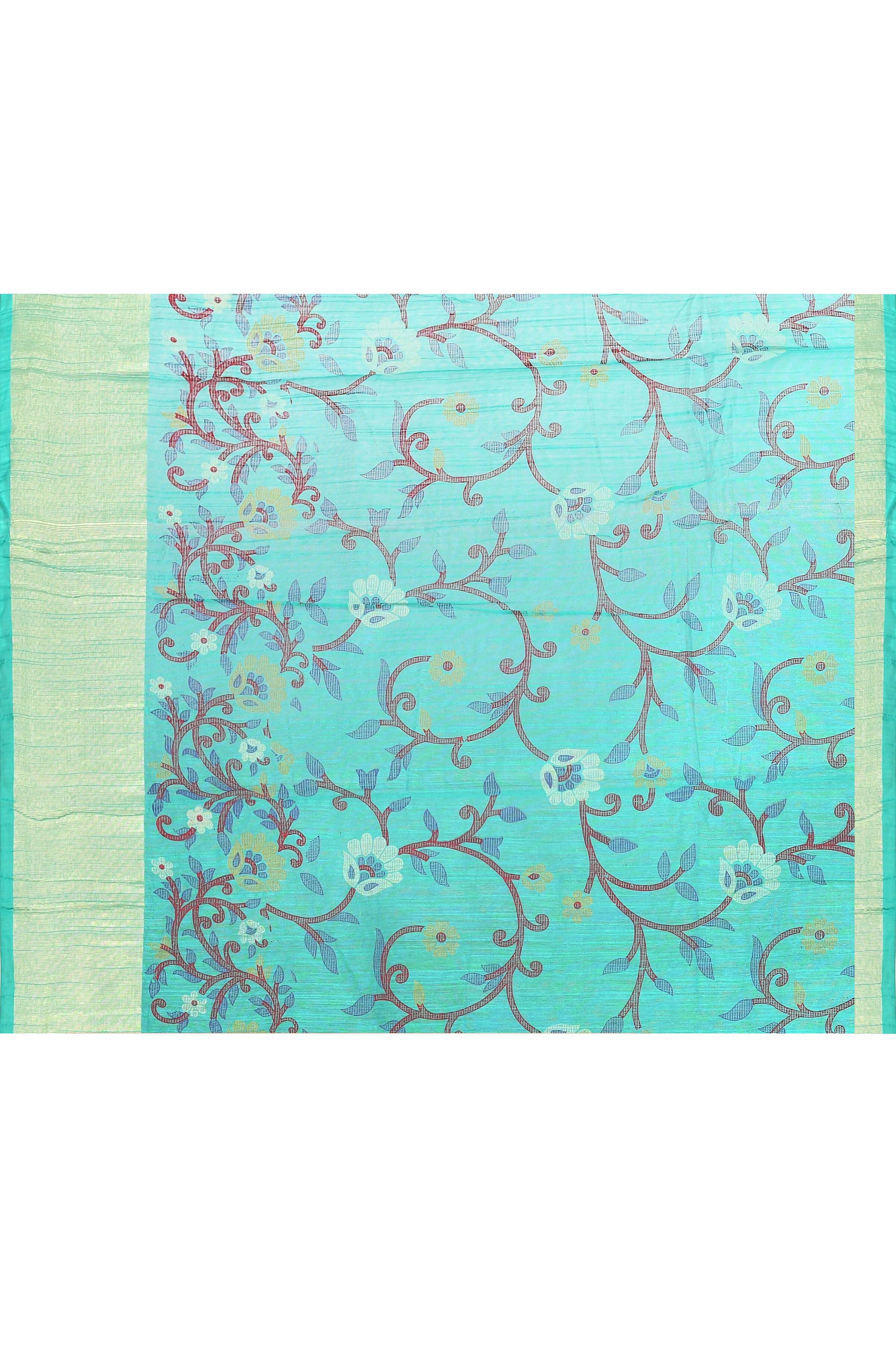 Turquoise Embellished Cotton Blend Printed Saree