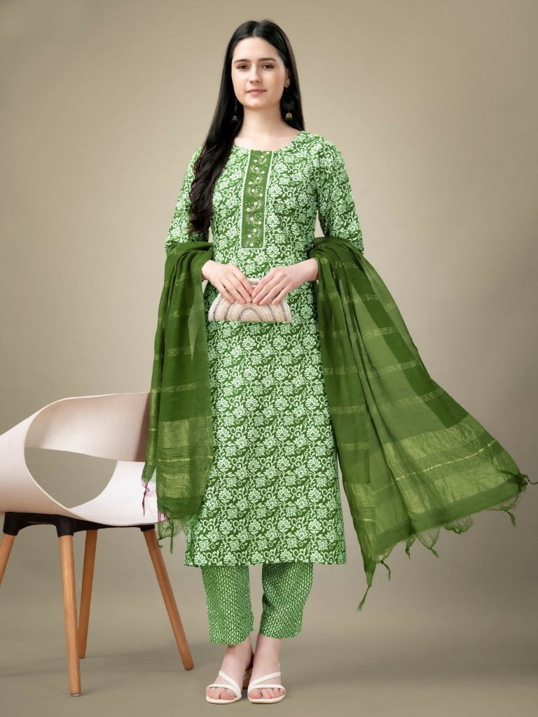 Jyoti Fashion Women's Green Rayon Embroidery & Sequence work Kurta with Trouser & Dupatta