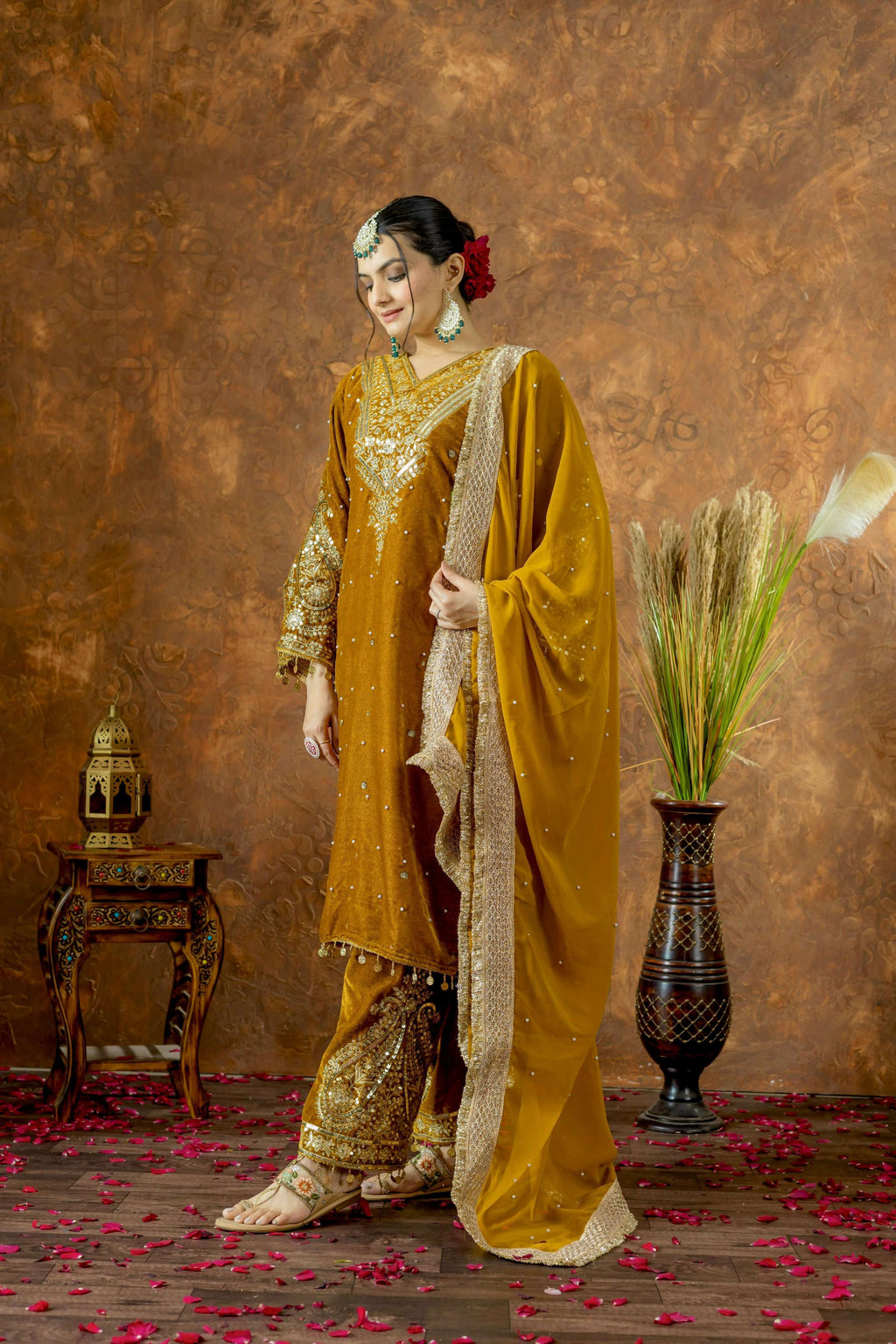 Mustard Gold Velvet Embroidered Kurta Set