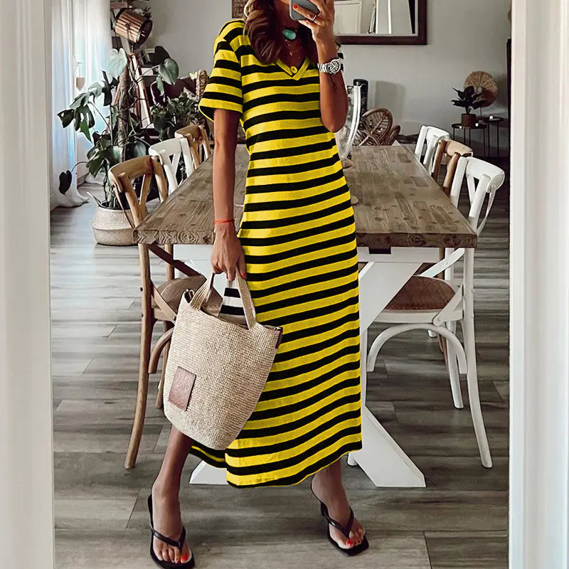 Women's V-Neck Striped Loose Maxi Dress with Side Slit - Image 24
