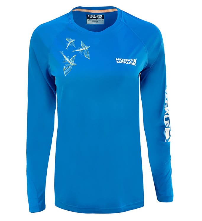 Woman wearing a long sleeve performance fishing shirt with Flying Fish design