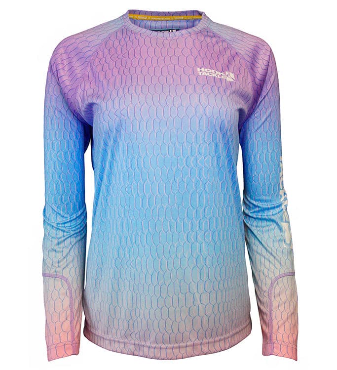 Women's long sleeve UV fishing shirt with blue and pink fish scale pattern
