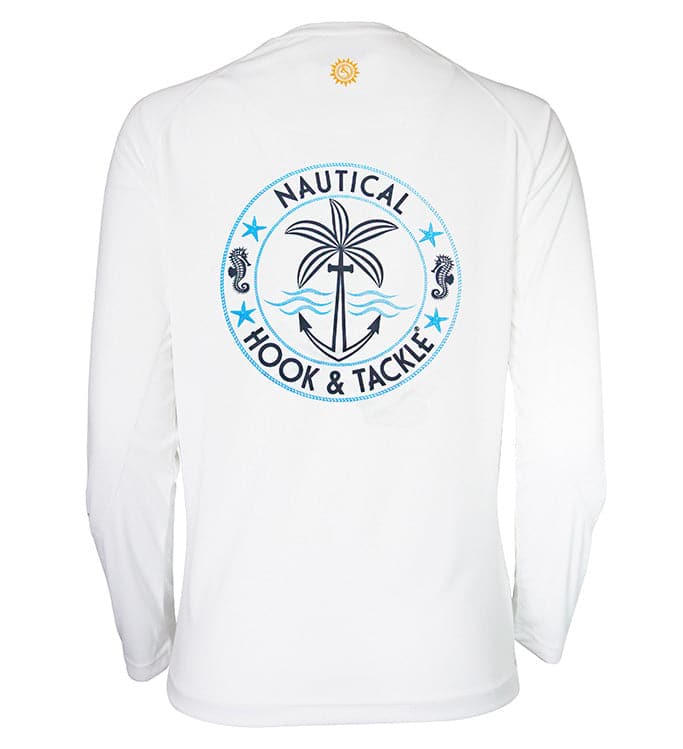 White women's long sleeve performance fishing shirt with nautical graphic on back and Hook & Tackle logo on front.