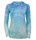 Women wearing a long-sleeve blue ocean wave print UV protection fishing hoodie.
