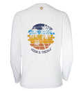 Women's white long sleeve performance fishing shirt featuring a sunset palm tree graphic on the back and brand logo on the front.