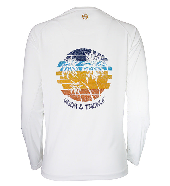 Women's white long sleeve performance fishing shirt featuring a sunset palm tree graphic on the back and brand logo on the front.