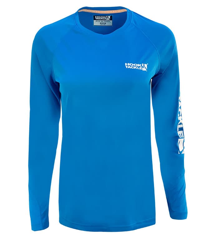 Women wearing a blue long sleeve UV performance fishing shirt by Hook & Tackle