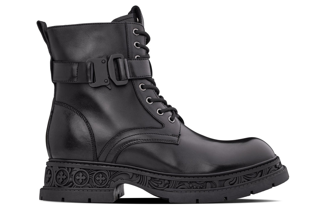 TOTO - W0661 - 3.2 Inches Taller (Black) - Chunky Sole Biker Style High Top Zipper Boot