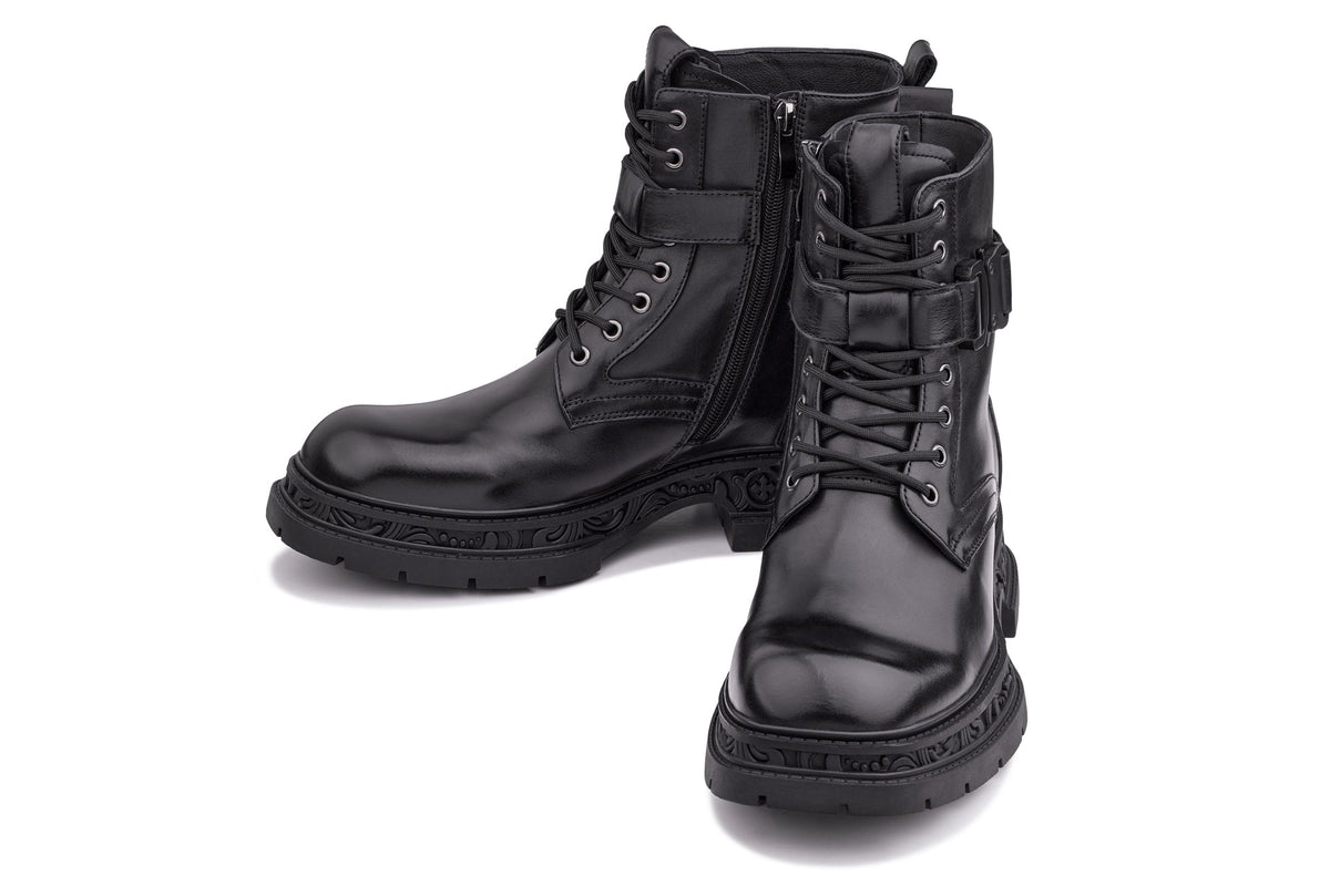TOTO - W0661 - 3.2 Inches Taller (Black) - Chunky Sole Biker Style High Top Zipper Boot