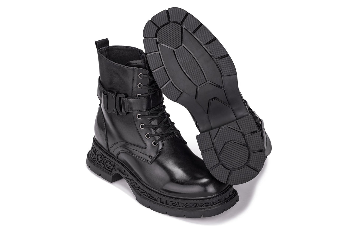 TOTO - W0661 - 3.2 Inches Taller (Black) - Chunky Sole Biker Style High Top Zipper Boot