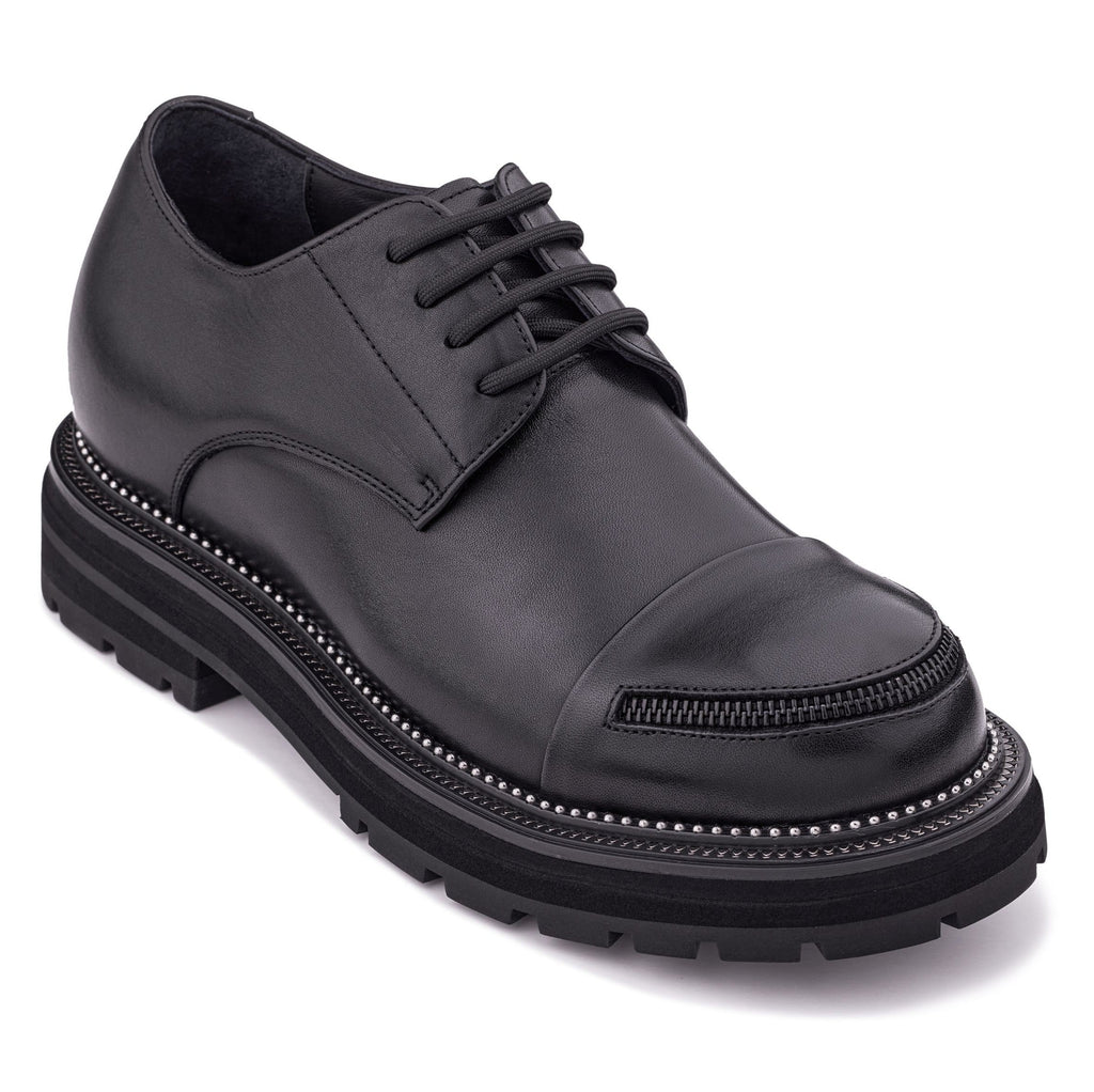 TOTO - W0982 - 3.3 Inches Taller (Black) - Low Top Chunky Sole Cap-Toe Casual Derbies