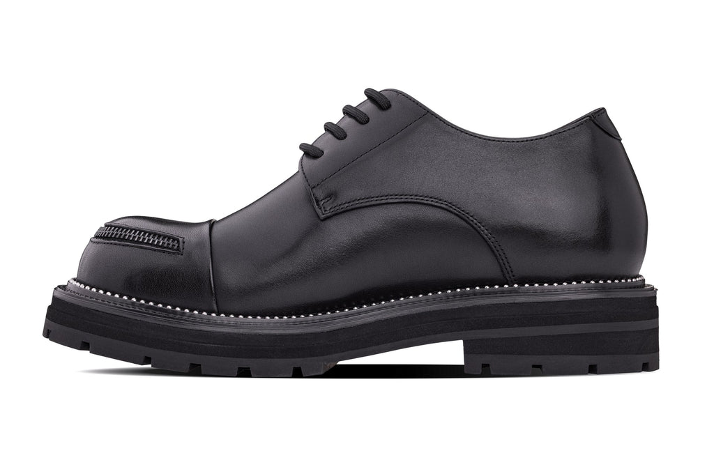 TOTO - W0982 - 3.3 Inches Taller (Black) - Low Top Chunky Sole Cap-Toe Casual Derbies