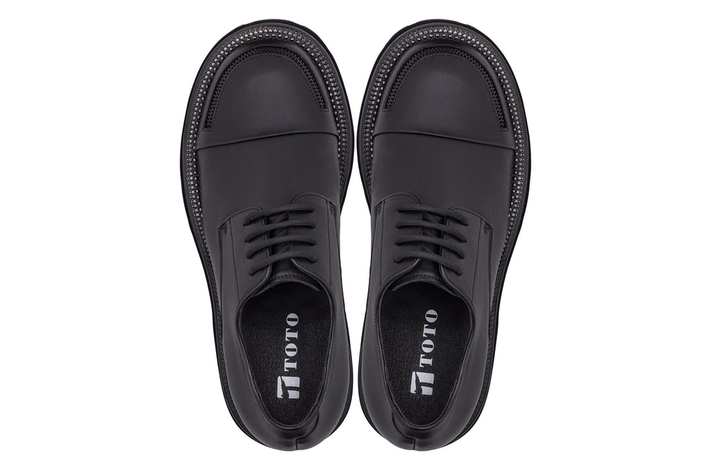 TOTO - W0982 - 3.3 Inches Taller (Black) - Low Top Chunky Sole Cap-Toe Casual Derbies