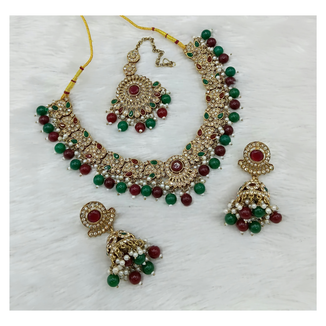 Maroon and green stone work necklace set with matching earrings for women