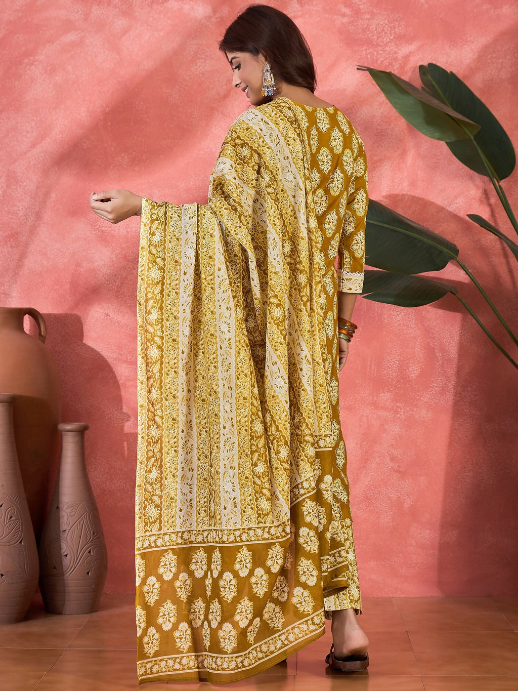 Printed Mustard Pure Cotton Kurta Set for Women
