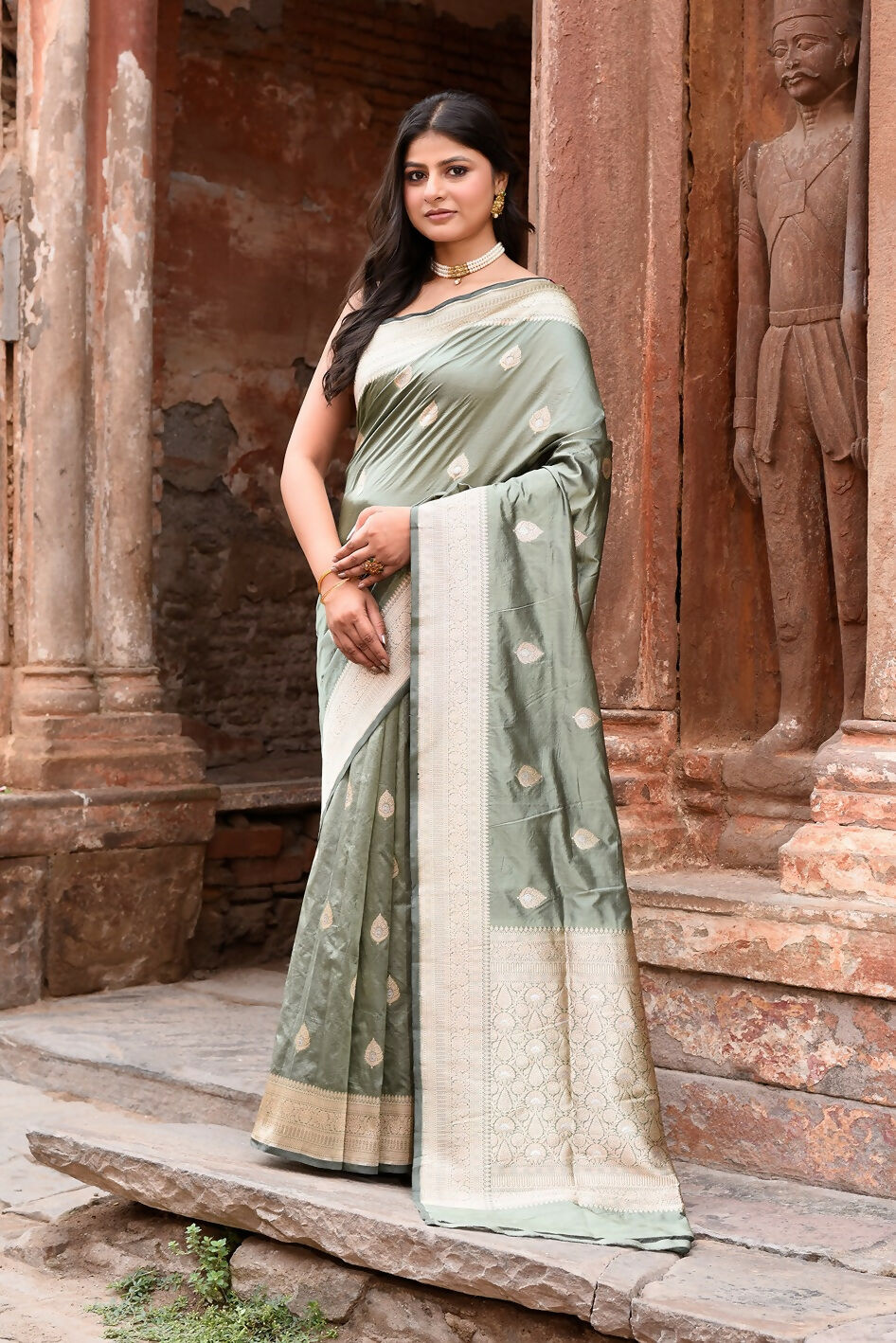 Dusty olive Banarasi Katan pure handloom silk saree for formal occasions