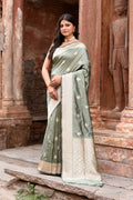 Dusty olive Banarasi Katan pure handloom silk saree for formal occasions