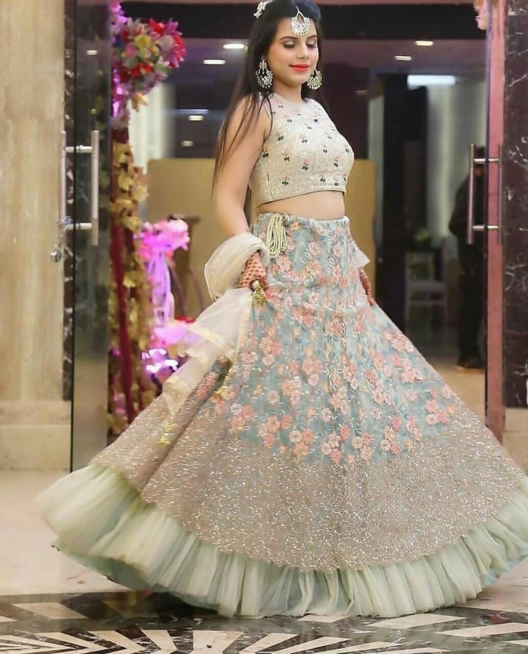 Sea Green Net Lehenga Choli with Thread & Jari Embroidery