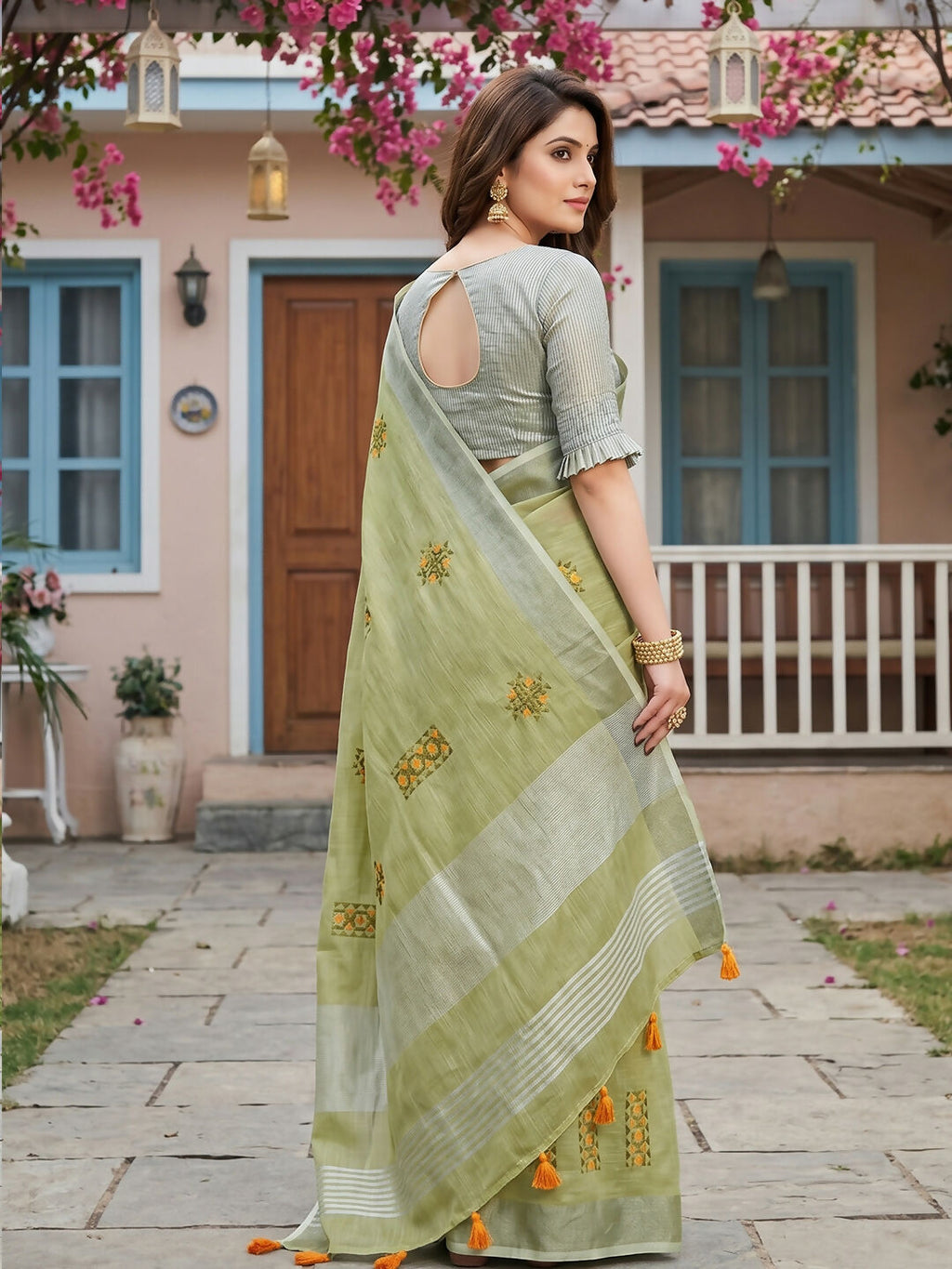 Pista Green Linen Saree with Matching Linen Blouse Piece