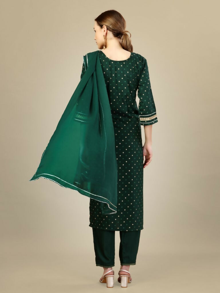 Women's Dark Green Silk Blend Embroidered Straight Kurta Set