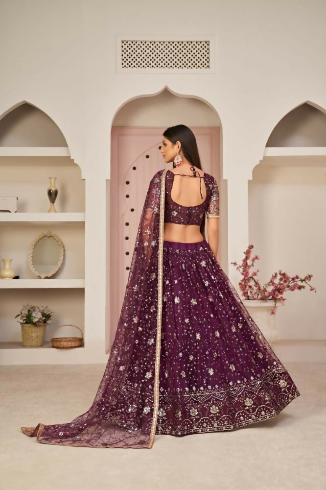 Wine Butterfly Net Lehenga with Zari and Sandwich Sequence Work