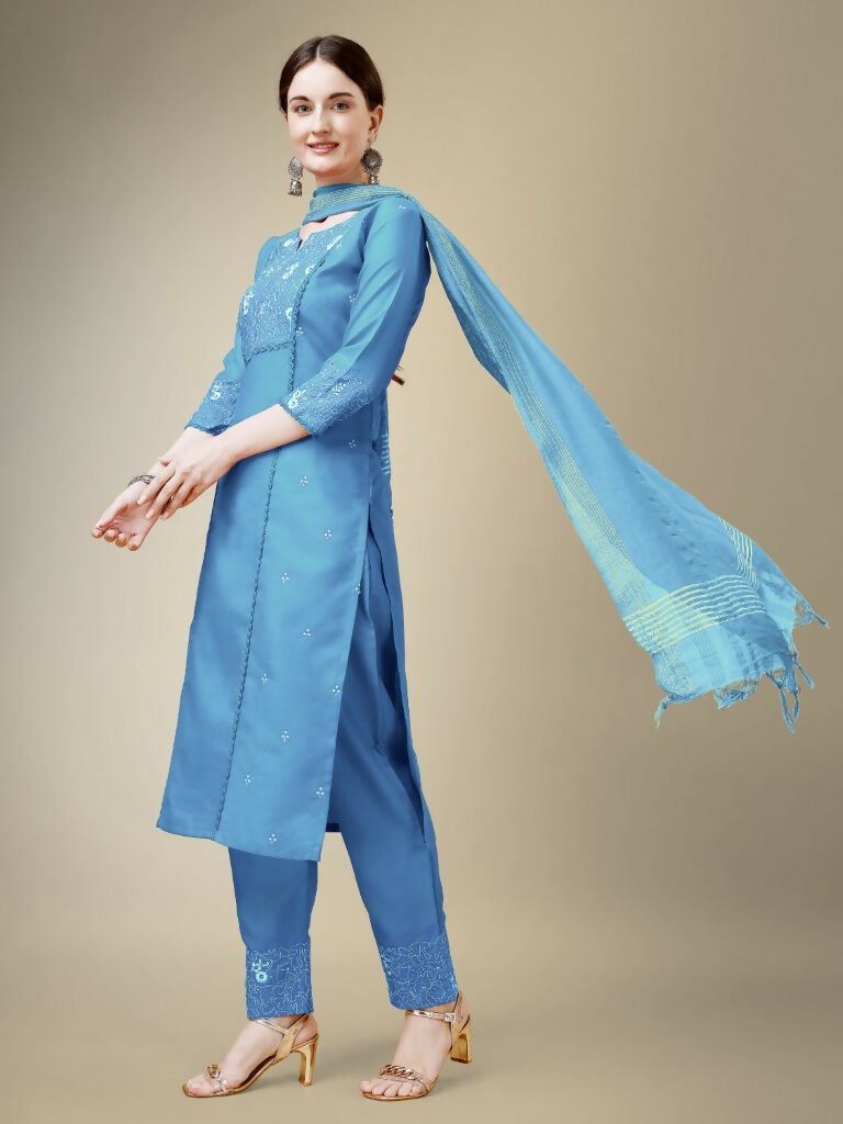 Jyoti Fashion Women's Sky Blue Cotton Blend Embroidery & Fancy Lace work Kurta with Trouser & Dupatta