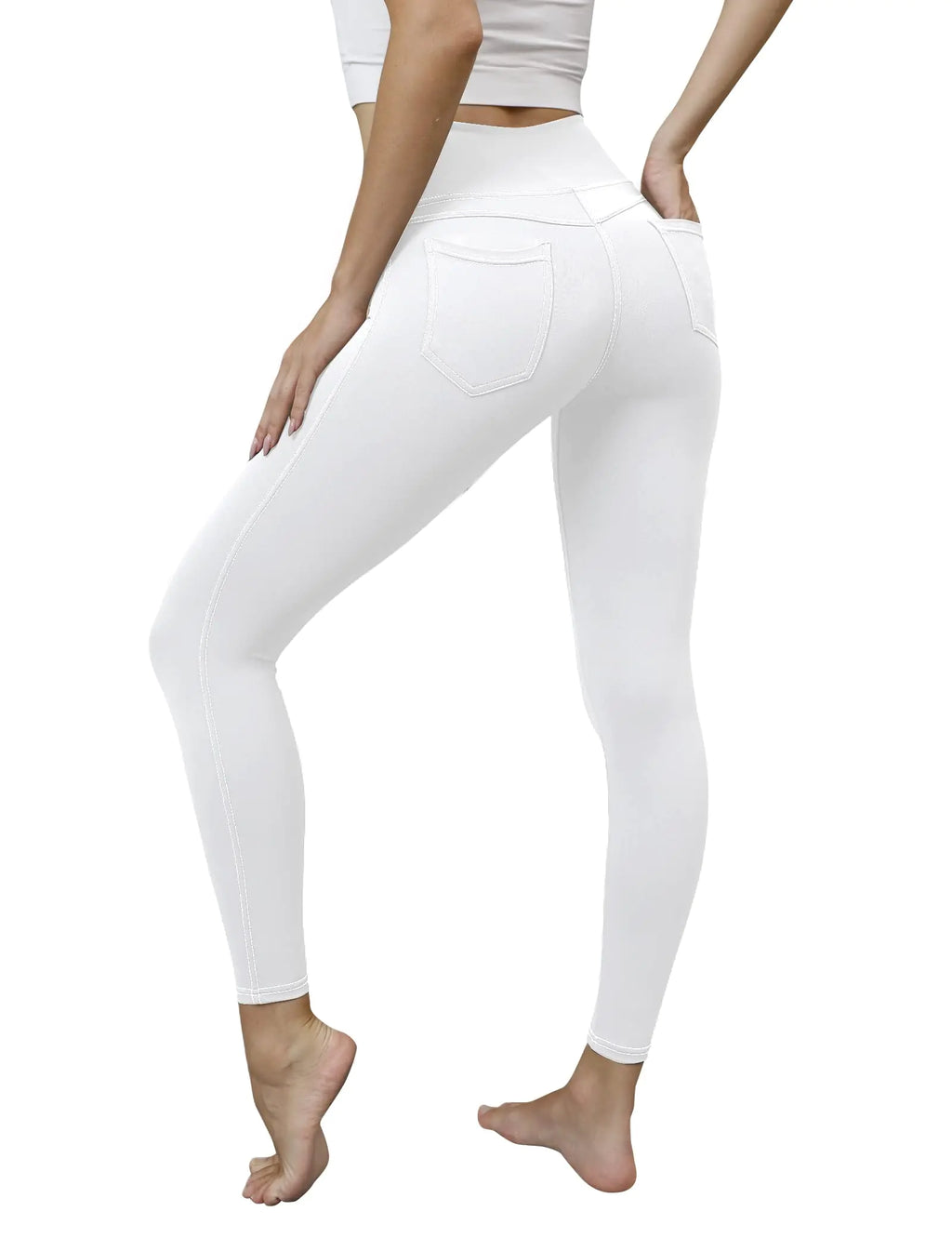 VOOVEEYA Jeggings for Women High Waist Leggings with Pockets Tummy Control Plus Size Stretchy Jeans Leggings 7/8 (White-S)