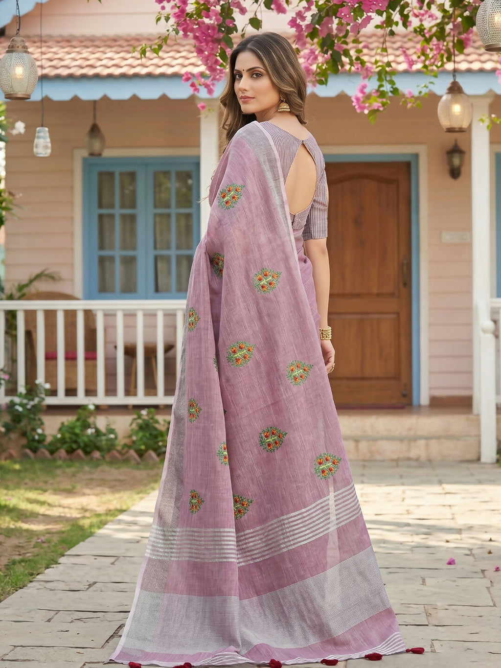 Light Purple Linen Saree with Matching Blouse Piece