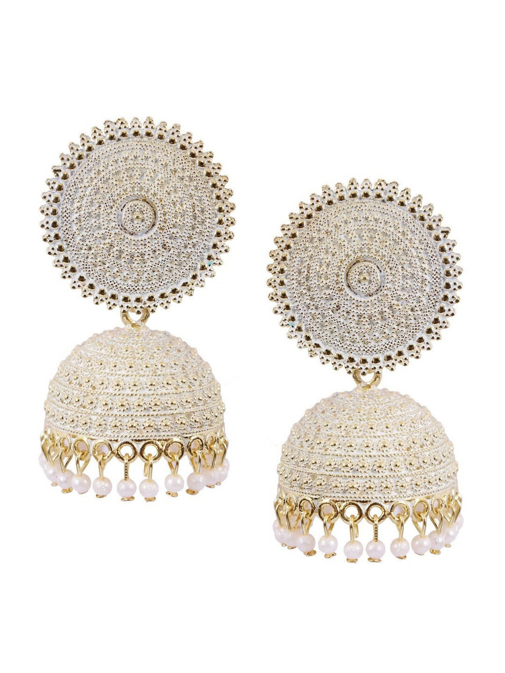 Traditional white meenakari jhumkas with pearl drops for little girls.